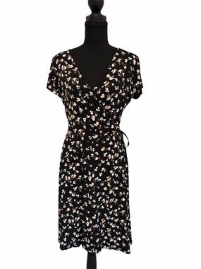 Gilli Black Midi Wrap Dress with White and Tan Floral Print